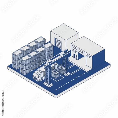 Isometric illustration of a shipping yard with containers, trucks, and a gantry crane.