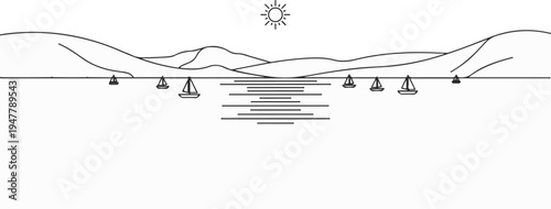 Minimalist outline of sailboats on water under a sunlit sky with distant hills