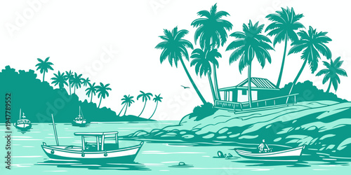 A tropical island with boats and palm trees Vector