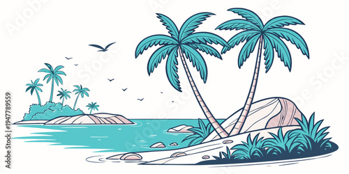 A tropical island with palm trees and a tent Vector