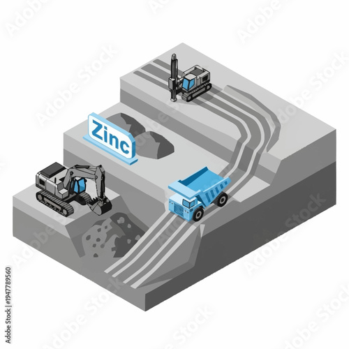 Isometric illustration depicting zinc mining operations with heavy machinery and a sign.