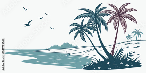 A tropical island with palm trees and birds flying overhead Vector