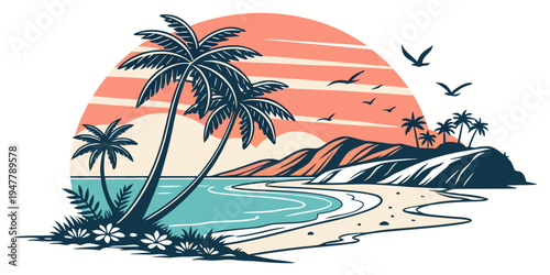 A tropical beach scene with palm trees at sunset Vector
