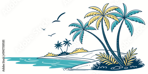 A tropical island with palm trees and birds Vector