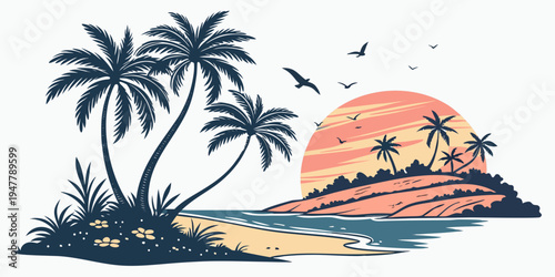 A tropical island with palm trees at sunset Vector