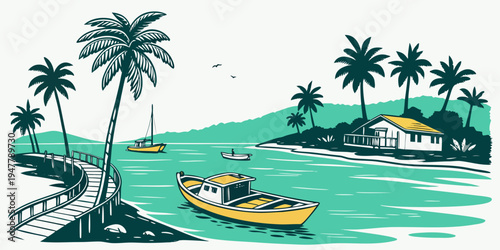 A tropical island scene with boats and palm trees Vector