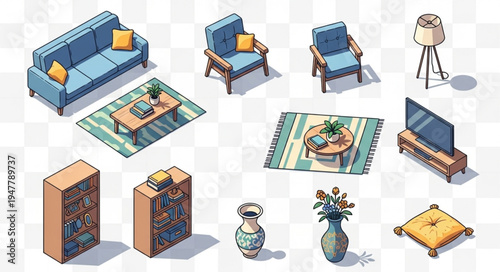 Isometric Living Room Furniture Set - Sofa, Armchairs, Rugs, and Decor.