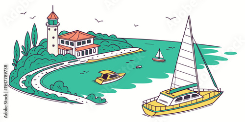 A sailboat and a lighthouse on a green island Vector