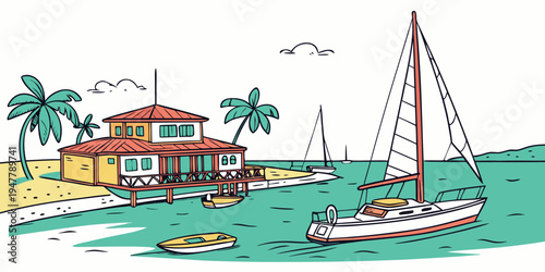 A sailboat floats on the water near a tropical beach house Vector