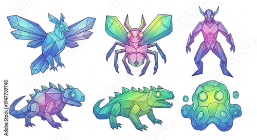 Vibrant stylized geometric crystal fantasy creatures. Mythical beasts and monsters with unique faceted designs, iridescent blue, green, and pink hues