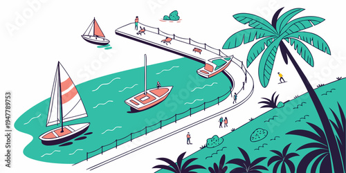 A tropical island with palm trees and sailboats Vector