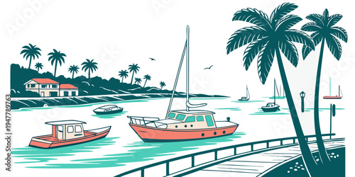 Boats are anchored near a tropical shore Vector