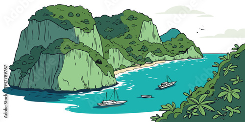 A scenic view of a tropical island with boats in the water Vector