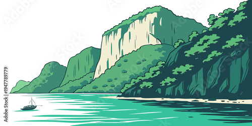 A scenic pixel art landscape of a mountain by the sea Vector