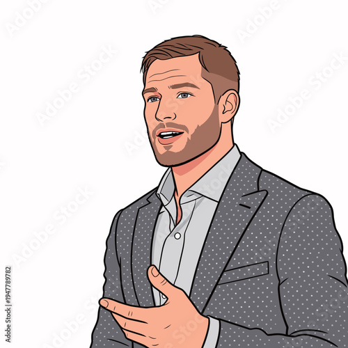 A man in a suit is speaking and using his hands to explain something. He appears engaged and focused on the conversation.