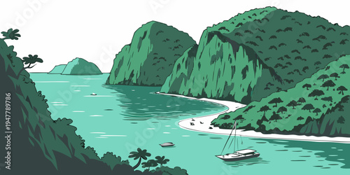 A serene tropical bay with lush green mountains Vector