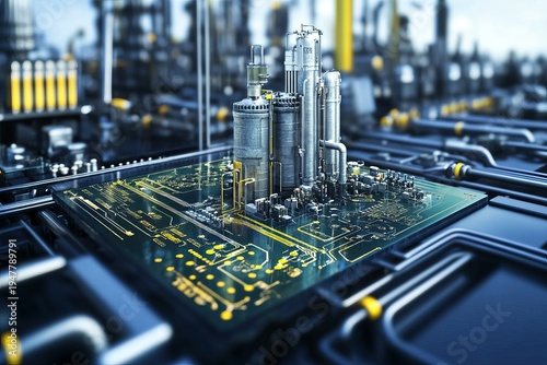 Industrial city miniature on circuit board