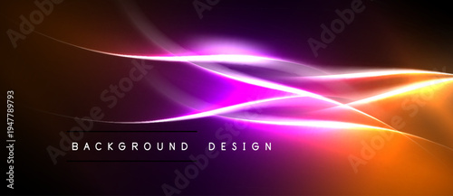 Abstract vibrant lines create dynamic energy. Orange, purple hues blend into dark background. Modern design element.