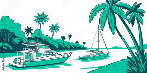 A boat and a sailboat in a tropical bay Vector