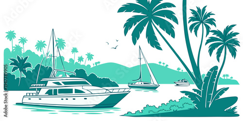 A yacht and sailboat in a tropical bay Vector