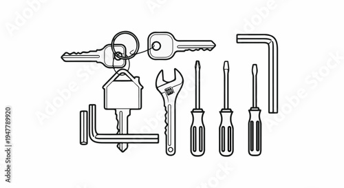 Various tools and keys, including a house key, are depicted in a line art style