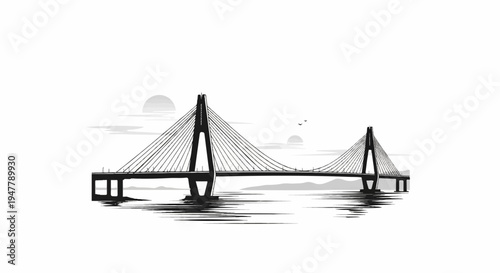 Stylized suspension bridge with twin towers over water at sunset