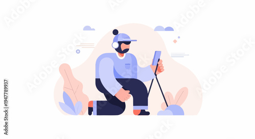 Man with headphones and hat using phone and metal detector outdoors