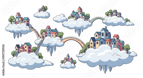 Whimsical floating islands with charming villages connected by bridges in a surreal sky landscape