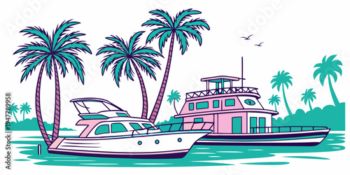 A pink houseboat on the water with palm trees Vector
