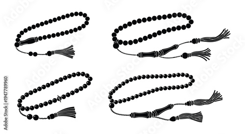 Four black silhouettes of islamic prayer beads or tasbihs displayed
