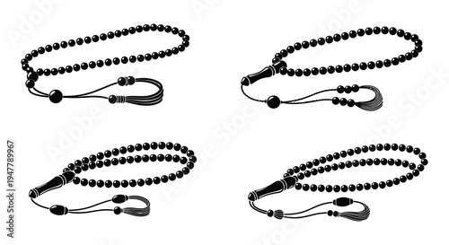 Four black silhouettes of islamic prayer beads or tasbihs displayed