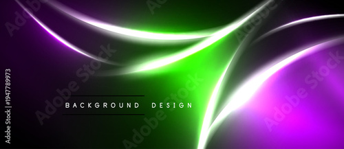 Abstract background features vibrant purple, green hues. Smooth curves create dynamic light effect. Modern design element.