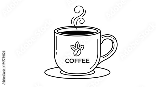 Steaming hot coffee cup with logo.