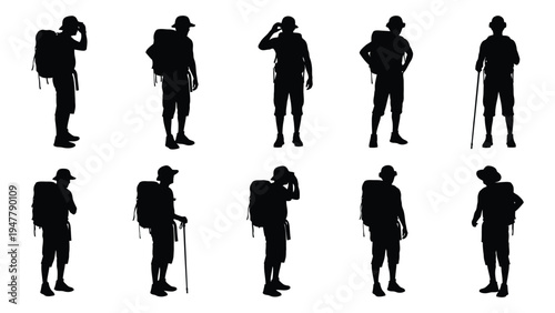 A set of silhouettes of people hiking