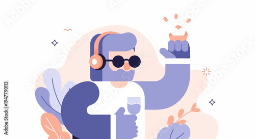 Man with headphones and sunglasses holding a drink, celebrating success