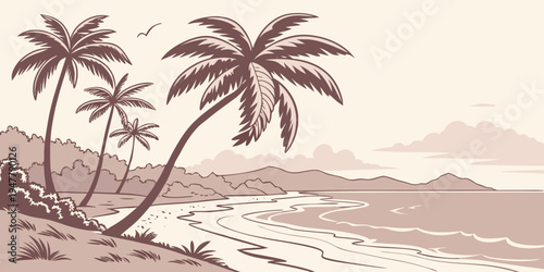 A serene beach scene with palm trees Vector