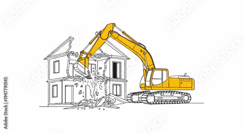 Yellow excavator demolishes a two-story house, sending debris flying