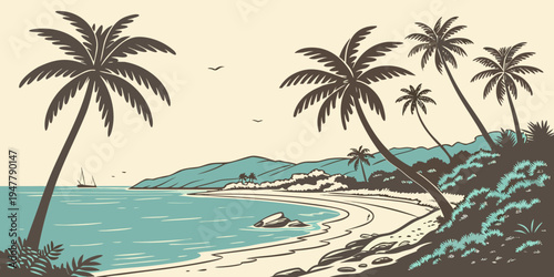 A serene beach with palm trees on the shore Vector