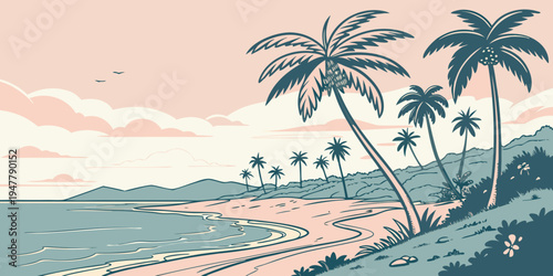 A serene tropical beach with palm trees Vector