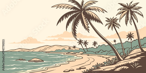 A tropical beach with palm trees on the shore Vector