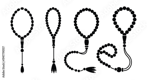 Four black silhouettes of islamic prayer beads or tasbihs displayed