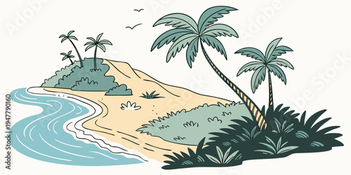 A small island with palm trees and a sandy beach Vector