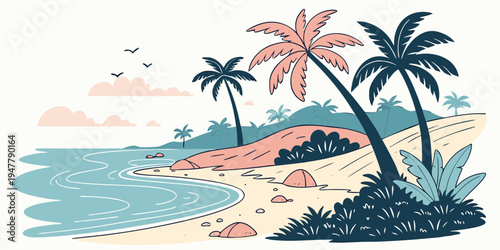 A beach scene with palm trees and a sandy shore Vector