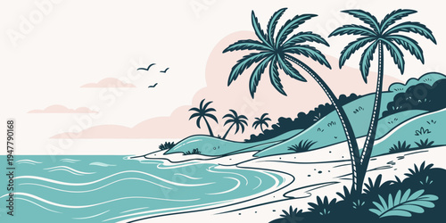 A serene beach scene with palm trees and calm waves Vector