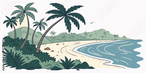 A tropical beach with palm trees and blue water Vector