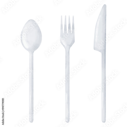 水彩画風のシルバーのカトラリーのイラストセット