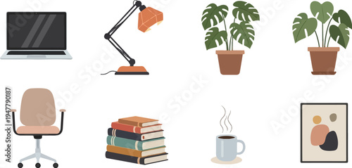 Minimalist workspace essentials laptop, lamp, plants, chair, books, coffee, art