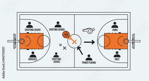 Basketball Court Diagram Illustrating a Play with Players and Ball Movement.