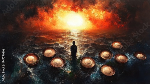 Solitary silhouette standing on dark ocean at sunset facing a blazing sun and fiery clouds surrounded by glowing circular platforms, evoking solitude and awe