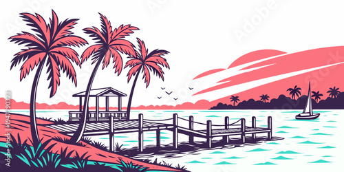 A dock with palm trees and a sailboat in the water Vector